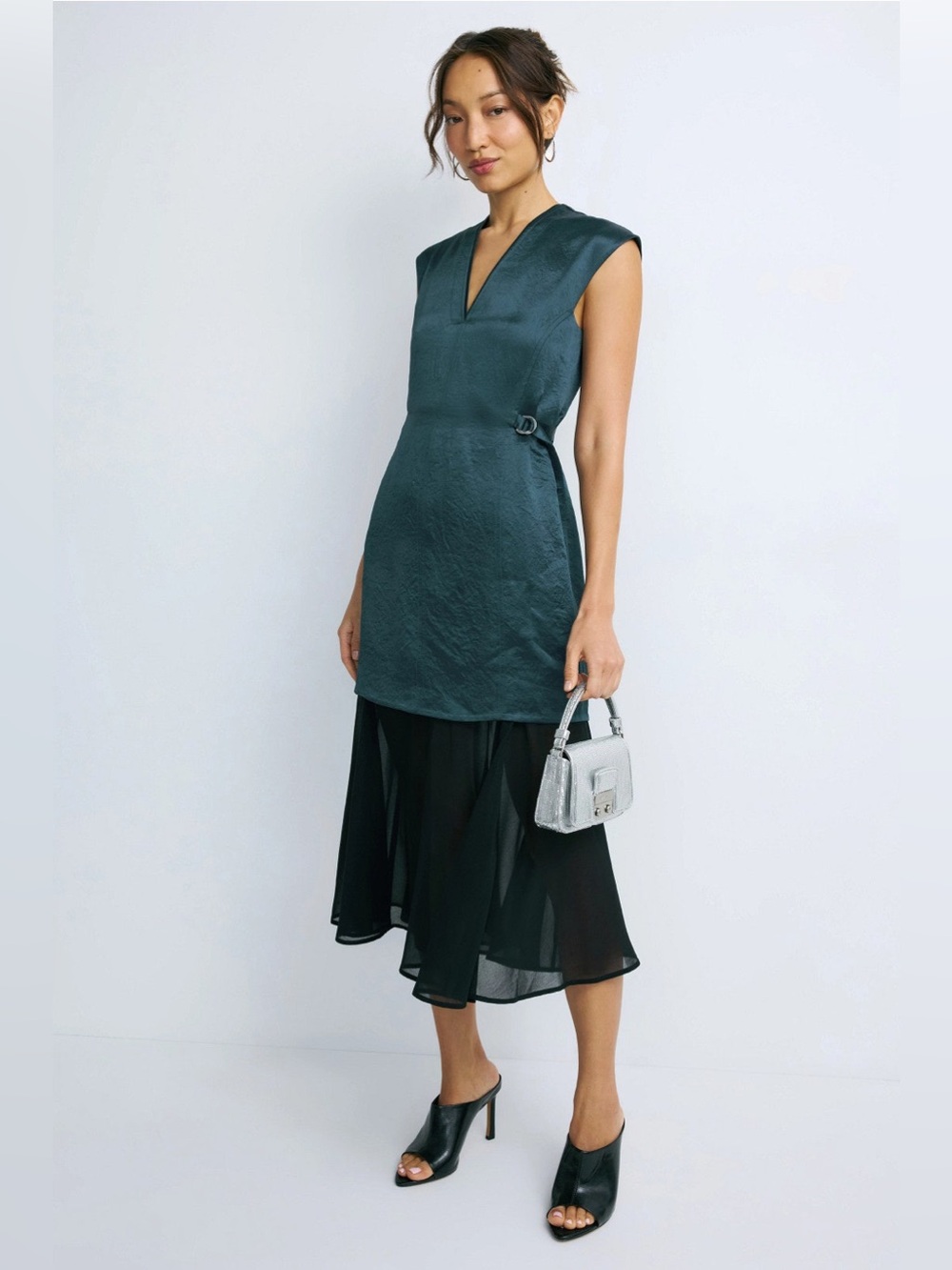 3.1 Phillip Lim Teal V-Neck Layered Midi Dress with Black Sheer Skirt